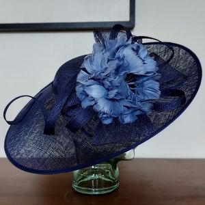 Navy Floral Feather Sinamay Disc Hat